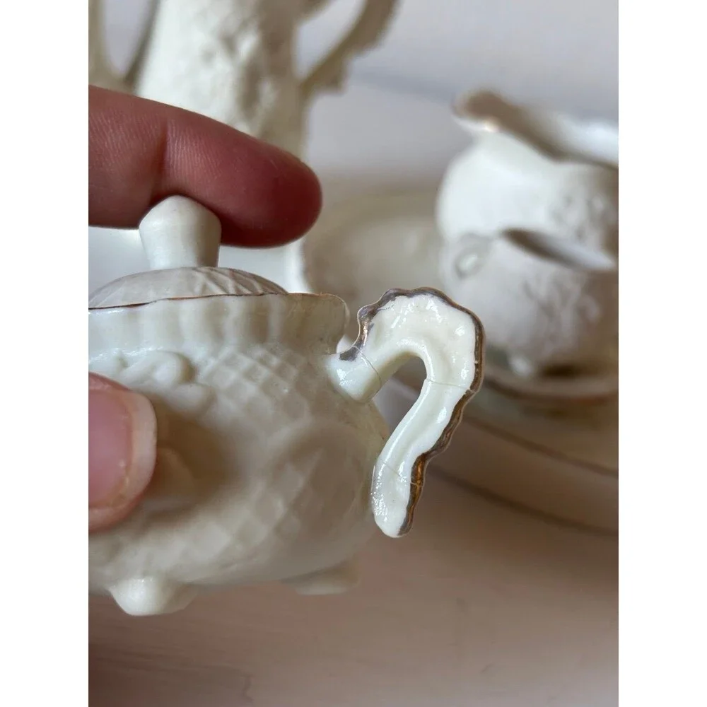 Mini porcelain TEA SET - 6 pieces, vintage decor trinket white lace gold leaf